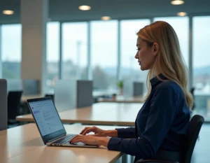 Femme professionnelle accédant à la messagerie Zimbra sur un ordinateur portable dans un bureau moderne à Cherbourg