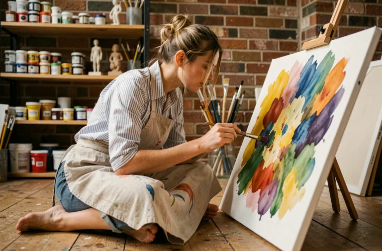 Femme adulte peignant à l'aquarelle dans un atelier artistique chaleureux et créatif