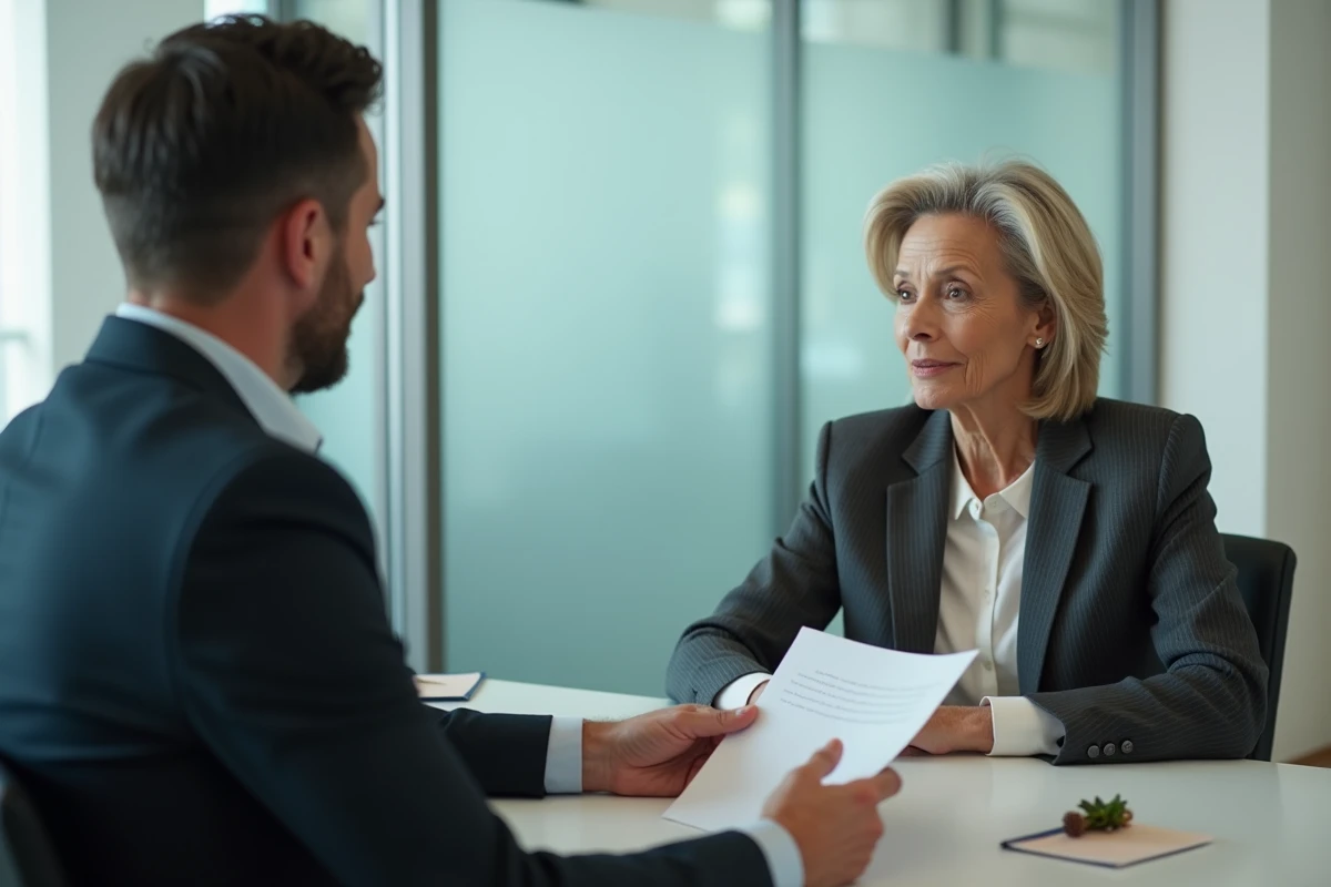 Un employé et son manager discutent calmement du motif de départ dans un bureau vitré