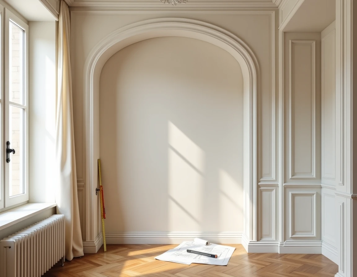 Alcôve vide d'un appartement haussmannien avec marques de mesure au mur pour l'installation d'une bibliothèque sur mesure