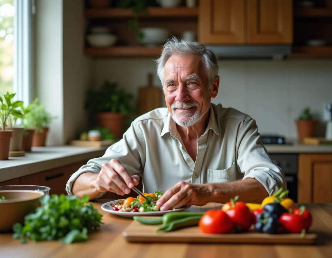 Personne âgée préparant un repas équilibré pour lutter contre la fragilité