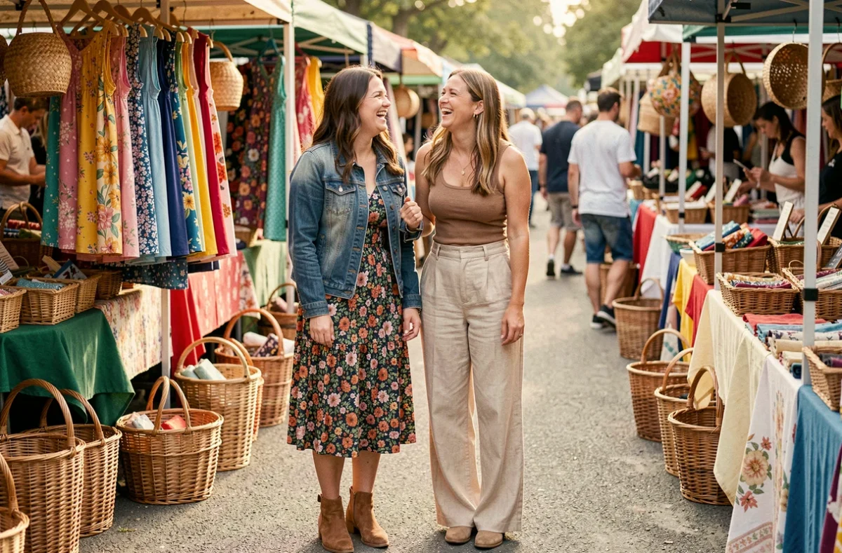 Deux femmes souriantes aux styles complémentaires explorant un marché en plein air avec des tenues tendance printanières