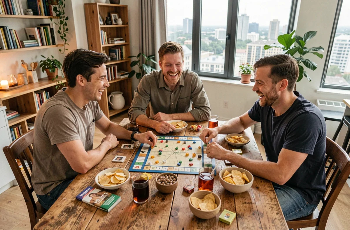 Groupe d'amis jouant à un jeu de société autour d'une table dans un appartement moderne