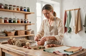Artisane arrangeant des décorations botaniques et ornements en argile dans un atelier créatif rustique