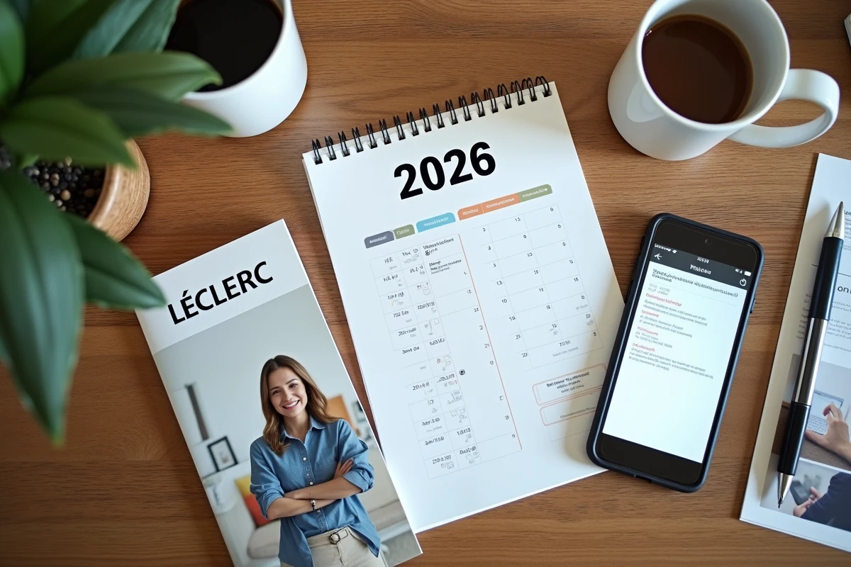 Vue de dessus d'un bureau avec calendrier 2026, prospectus Leclerc et rappels de dates pour le chèque différé