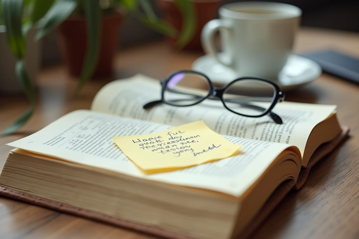 Un livre ouvert avec une citation courte manuscrite utilisée comme point d'appui pour un discours