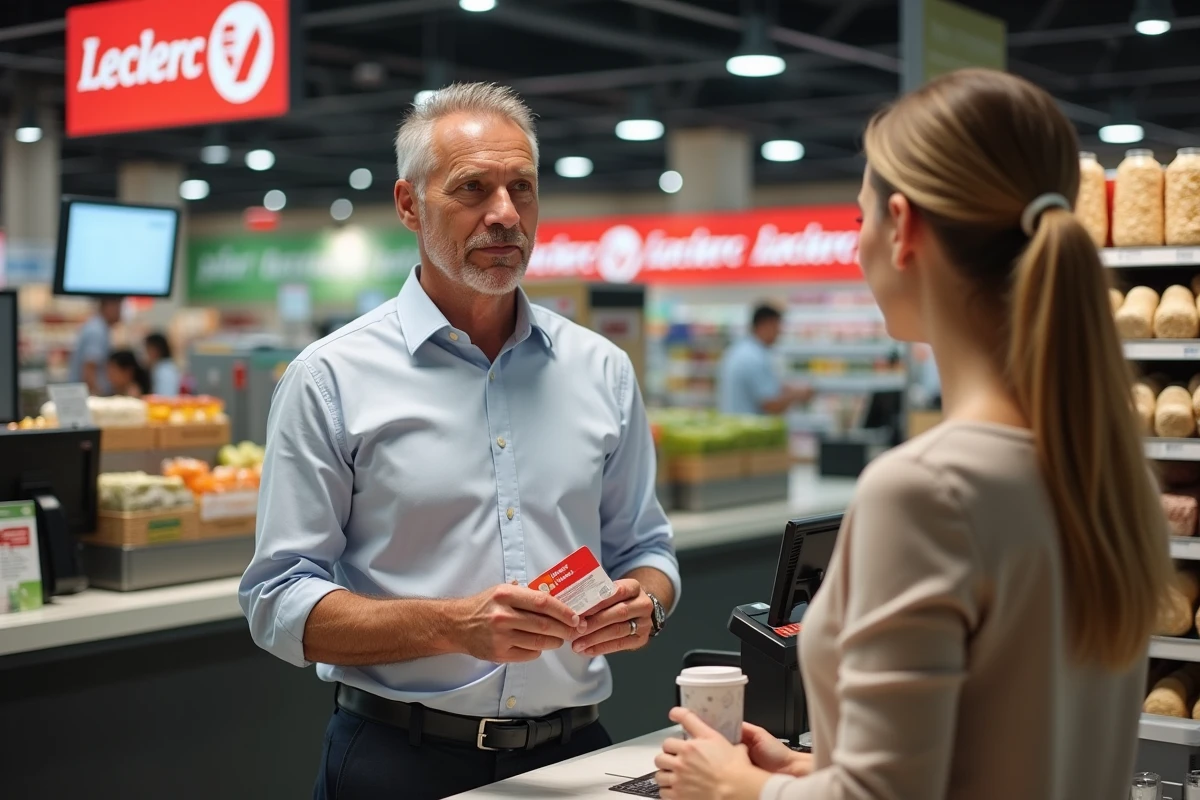 Client utilisant sa carte de fidélité Leclerc au service client pour se renseigner sur le chèque différé