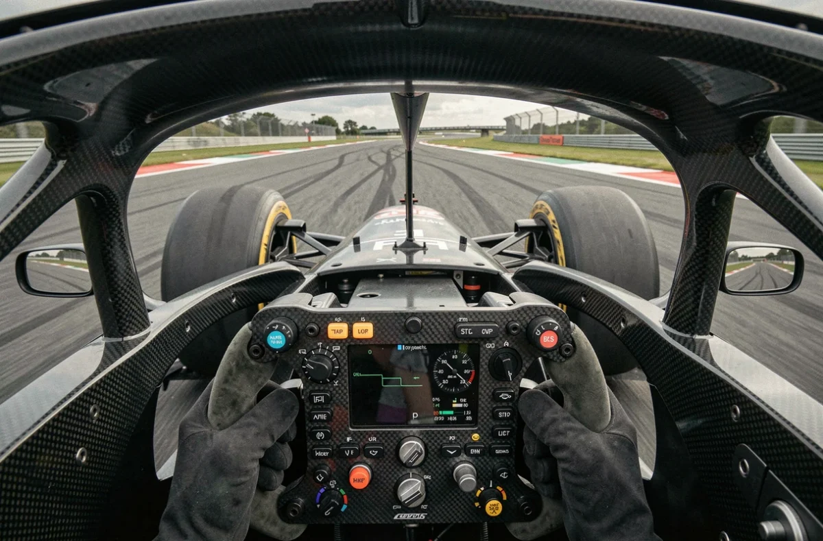 Vue intérieure du cockpit d'une voiture de Formule 1 depuis le point de vue du pilote, illustrant le moment de relâche des gaz lors de la stratégie lift and coast