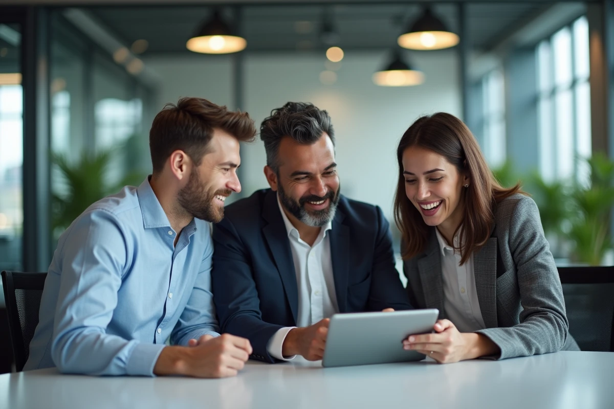 Groupe de collègues discutant des dernières tendances de l'actualité en ligne autour d'une tablette en open space