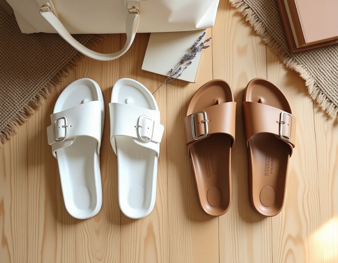 Comparatif flat lay entre sandales Birkenstock Gizeh et Billowy slides posées sur un plancher en chêne avec accessoires estivaux
