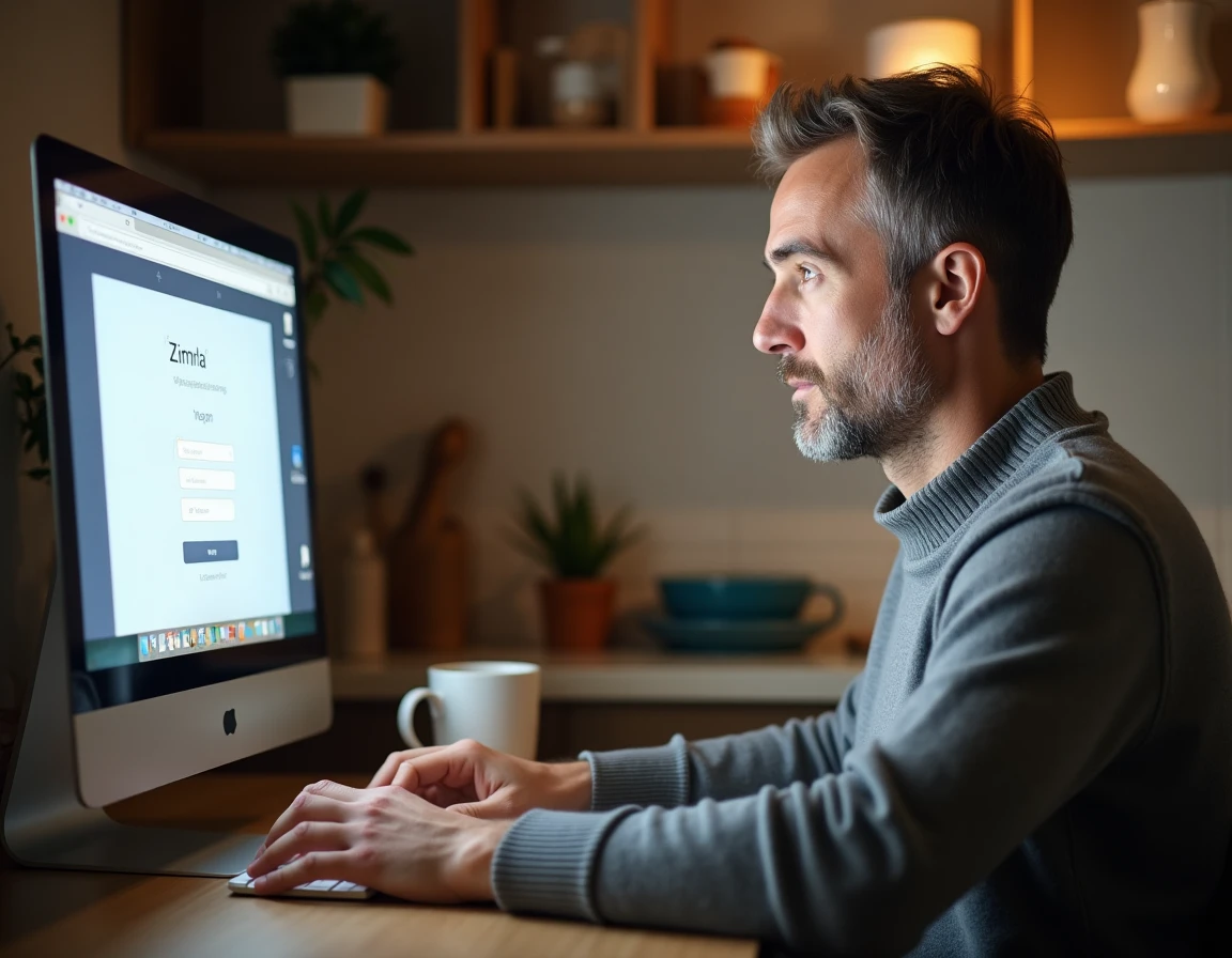Homme se connectant à son compte messagerie Zimbra depuis son domicile sur un ordinateur de bureau
