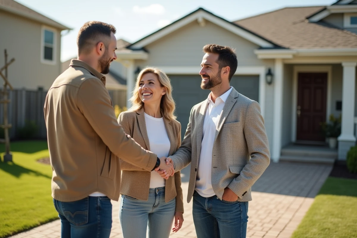 Couple souriant devant maison neuve en banlieue