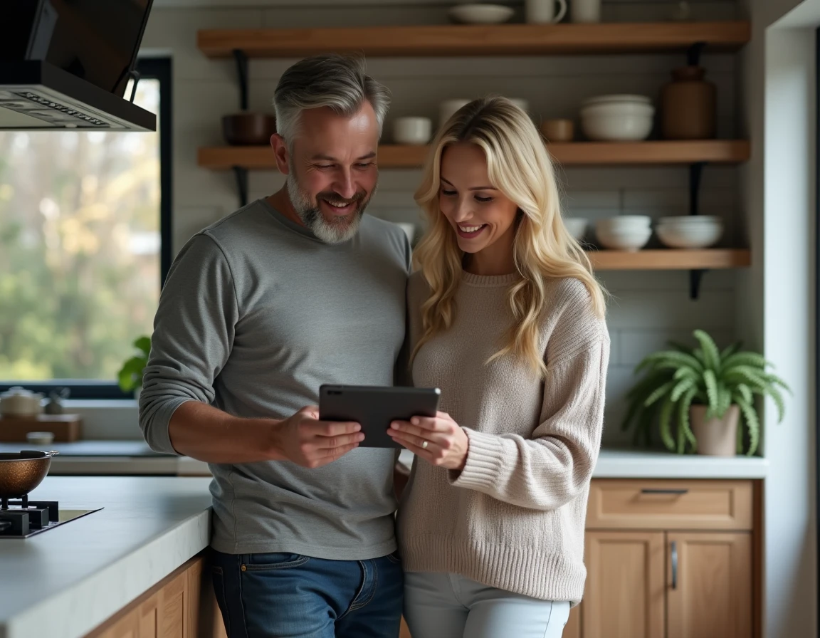 Couple consultant des fiches techniques d'électroménager sur tablette dans une cuisine moderne intégrée