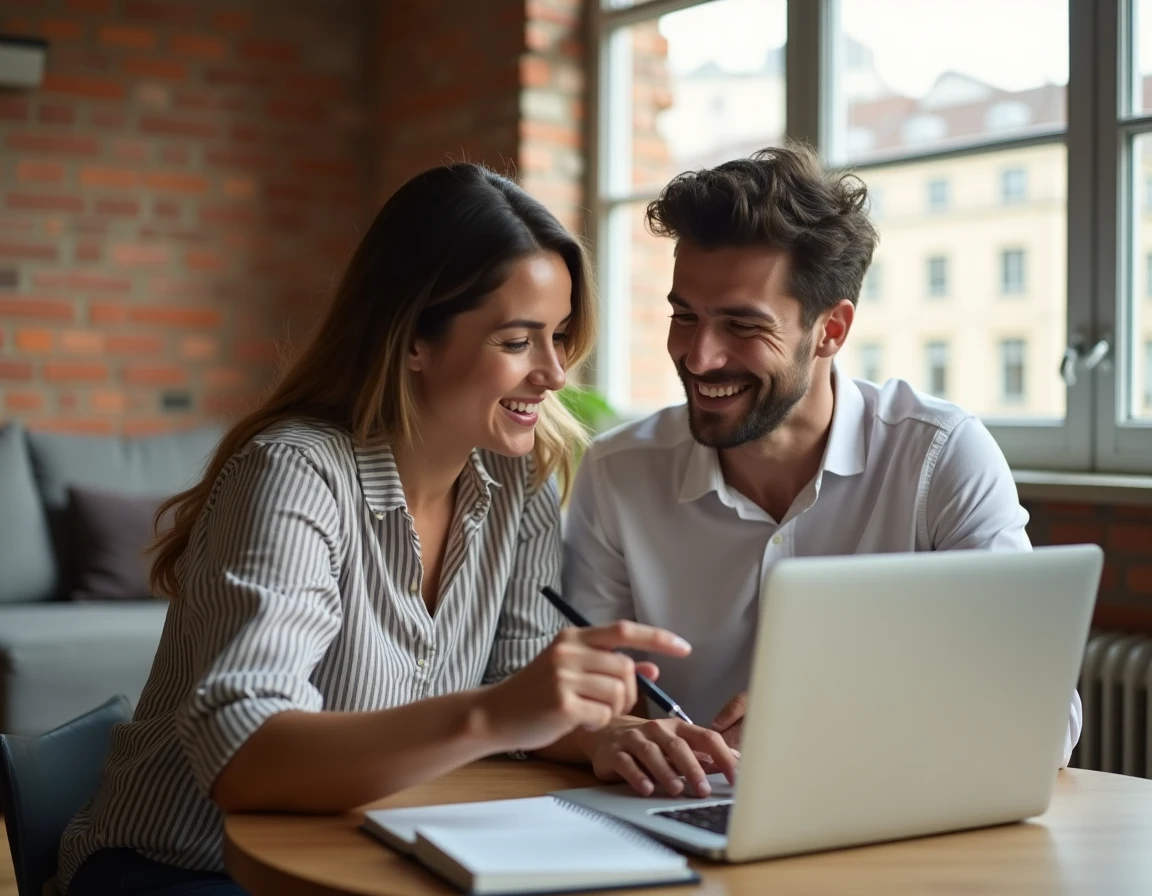 Couple effectuant leurs démarches immobilières en ligne ensemble sur un ordinateur portable dans un appartement lumineux