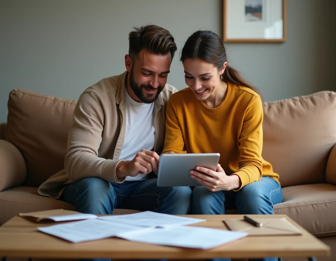 Couple vérifiant ensemble les étapes de rétractation d'un crédit Cofidis sur une tablette dans le salon