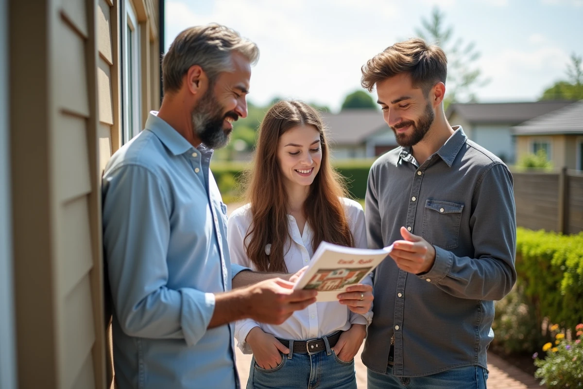 Jeune couple examinant brochure immobiliere sur terrasse