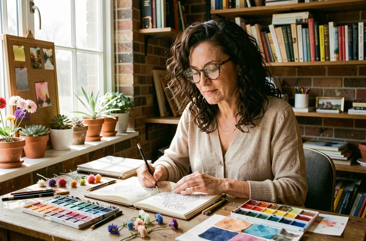 Créatrice dessinant des motifs décoratifs dans son studio personnel entouré d'aquarelles et d'échantillons de tissus