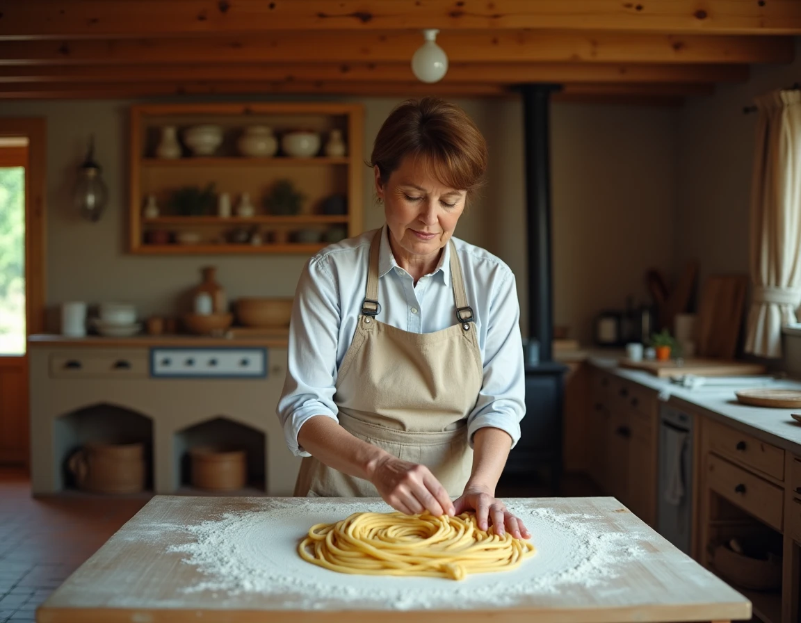 Femme italienne préparant des pâtes dans une cuisine traditionnelle tyrolienne, symbole des racines culturelles de la famille Sinner