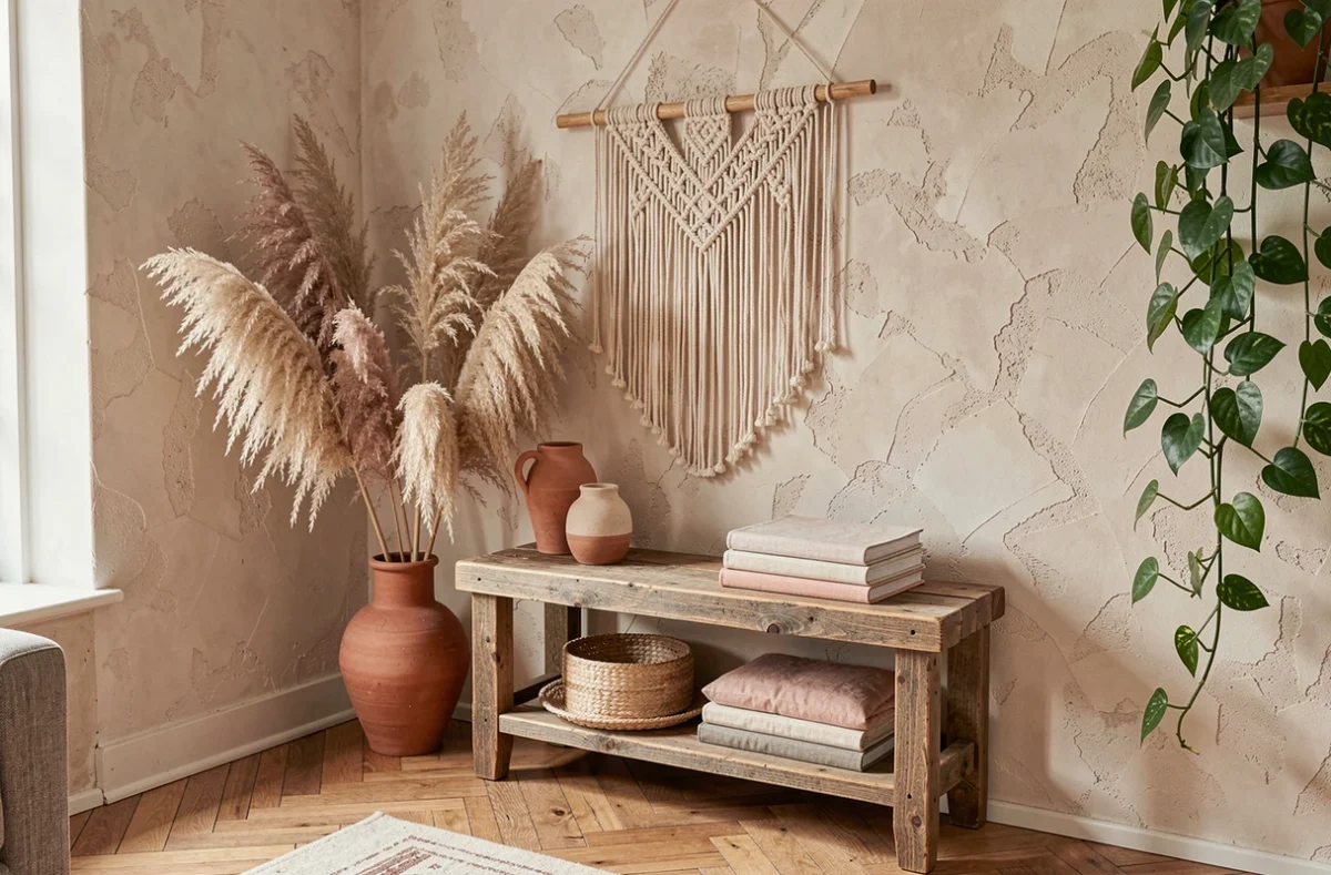 Coin décoration intérieure artisanale avec macramé, céramiques et herbes séchées dans un salon scandinave