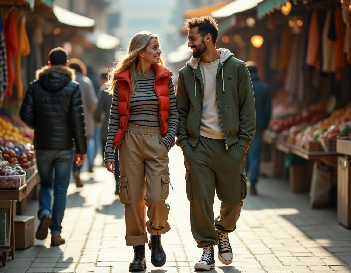 Deux amis en tenues streetwear layering marchant dans un marché urbain animé, tendances mode urbaine automne-hiver en duo
