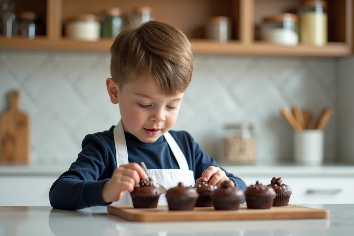 Enfant décorant des muffins au chocolat faits maison avec soin dans une cuisine moderne, apprentissage culinaire en famille