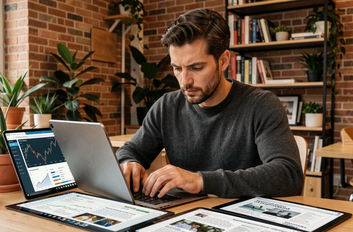 Entrepreneur consultant les dernières actualités et tendances business sur une tablette dans un espace de coworking