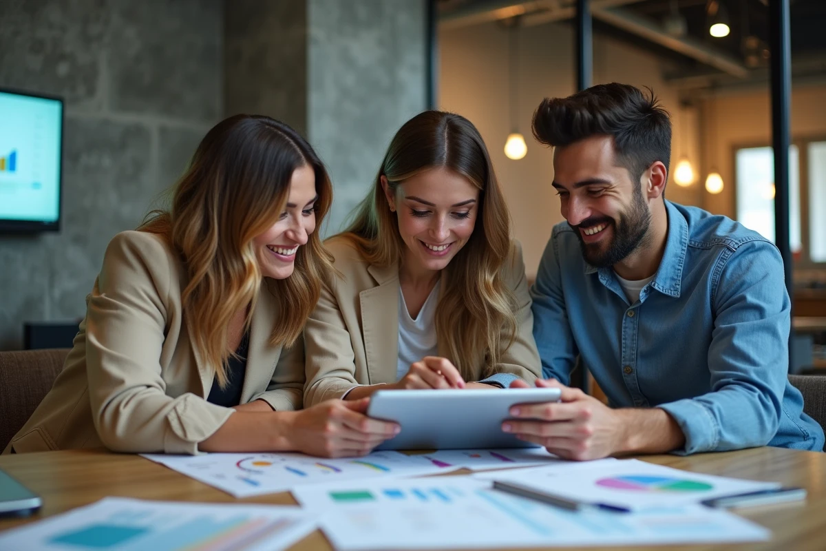 Équipe de trois professionnels collaborant avec table et tablettes dans un espace de coworking