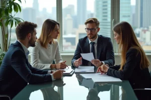 Groupe de professionnels en réunion dans un bureau moderne