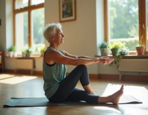 Femme âgée faisant des exercices d'étirement pour prévenir le syndrome de fragilité