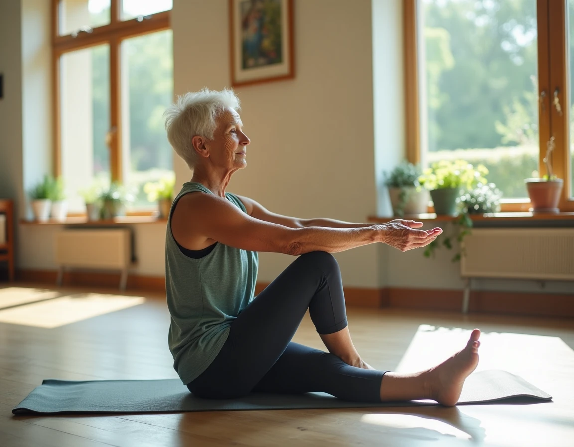 Femme âgée faisant des exercices d'étirement pour prévenir le syndrome de fragilité