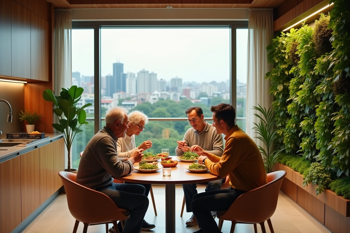 Famille multigénérationnelle partageant un repas dans un appartement urbain durable et connecté du futur
