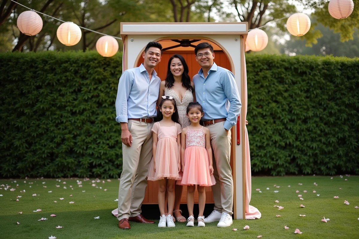 Famille devant un photobooth extérieur lors d