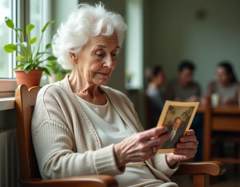 Femme de 95 ans tenant une photo de famille dans une maison de retraite en France