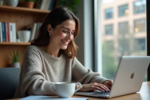 Femme consultant les dernières actualités en ligne sur un ordinateur portable dans un bureau moderne et chaleureux