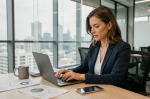 Femme d'affaires analysant des tendances business sur un ordinateur portable dans un bureau moderne en 2024