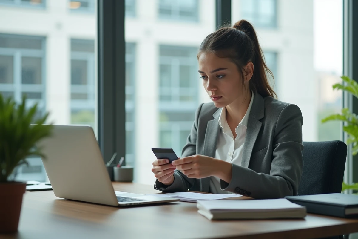 Femme au bureau avec carte bancaire et ordinateur
