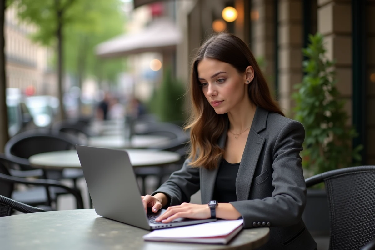 Femme concentrée travaillant en terrasse de café urbaine