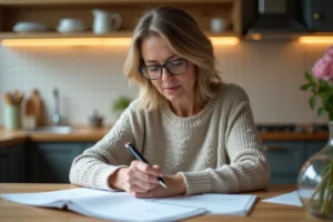 Femme consultant un calendrier papier pour noter les dates du chèque différé Leclerc 2026