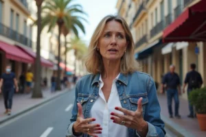 Femme d'âge moyen parlant à un journaliste dans une rue de Cannes
