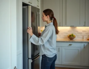Femme choisissant un réfrigérateur moderne dans une cuisine contemporaine bien équipée