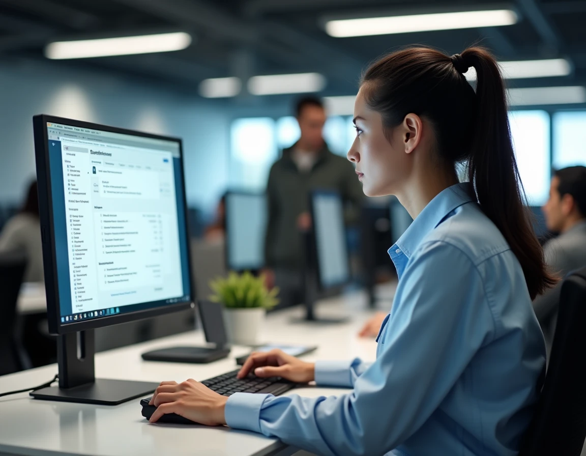 Une femme ajoutant une exception de sécurité dans Firefox sur un ordinateur de bureau en open space
