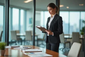 Femme professionnelle examinant documents immobiliers en agence