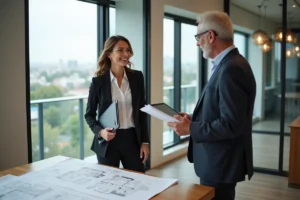Femme confiante discutant plans immobiliers avec un professionnel