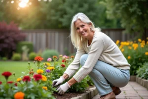 Femme plantant des fleurs colorées dans le jardin