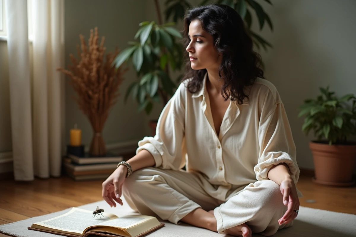 Femme méditant avec un journal ouvert et une mouche posée sur la page symbolisant un message spirituel inattendu