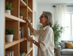 Femme mesurant une bibliothèque en bois dans un salon scandinave pour choisir les dimensions idéales