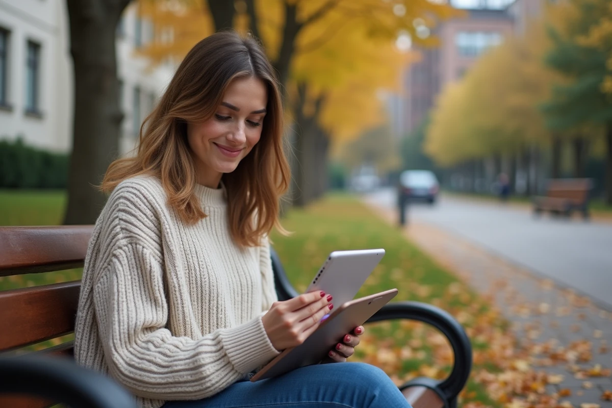 Jeune femme dans un parc avec tablette en main