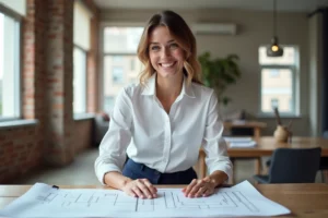 Femme souriante en review de plans dans un appartement moderne