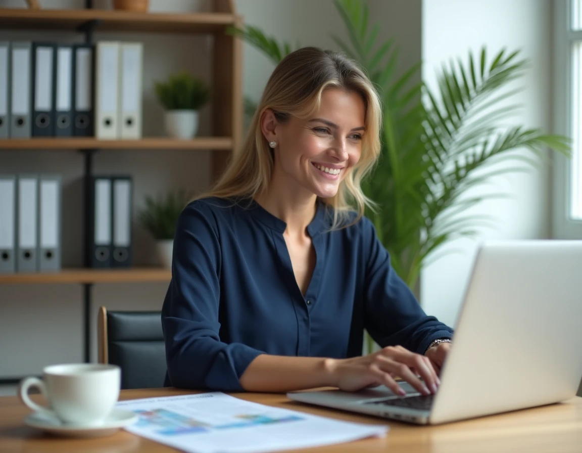 Femme utilisant une plateforme immobilière en ligne sur son ordinateur portable dans un bureau à domicile moderne