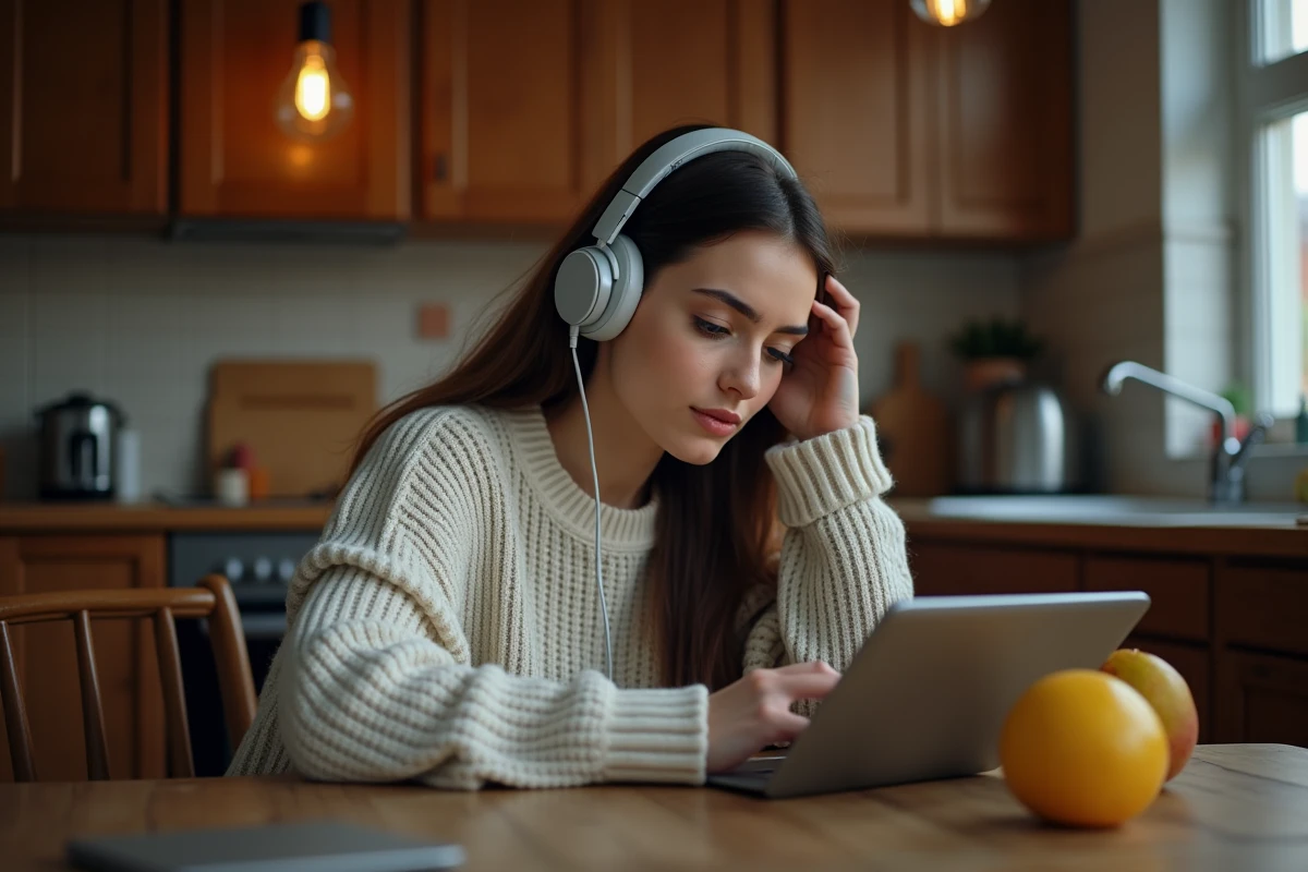 Femme avec casque recherchant des sites torrent sur sa tablette